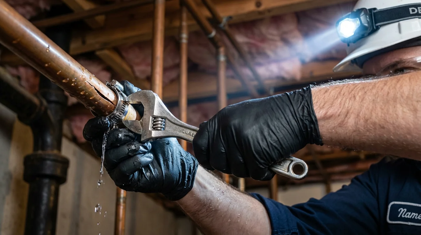 Emergency pipe clamp repair being performed by a Johns Plumbing LLC plumber in Sierra Madre