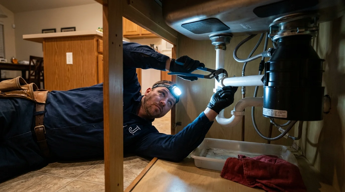 P-trap and supply line connections under a kitchen sink showing a common leak point in Sierra Madre, CA